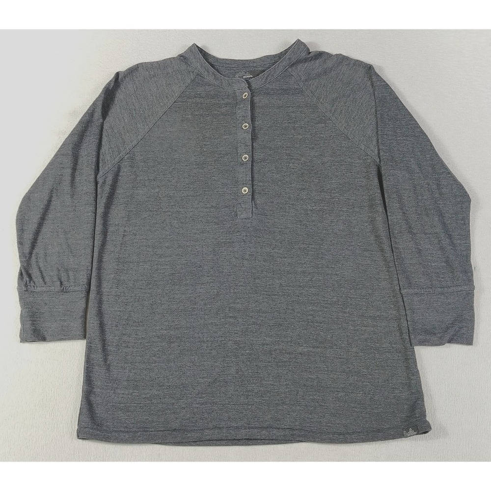 PrAna Shirt Womens Medium Gray Henley Raglan Long Sleeve Lightweight Jersey Top